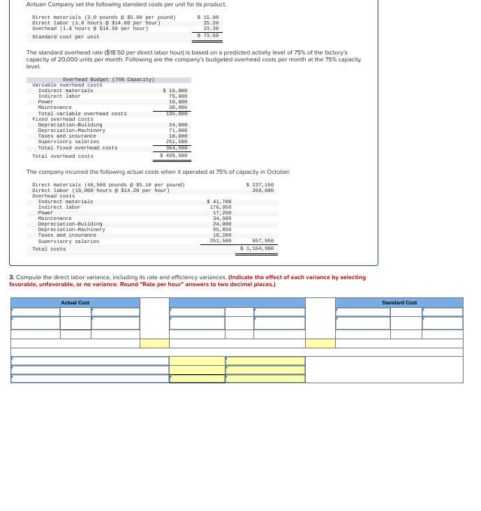 Antuan Company set the following standard costs per unit for its product.
Direct materials (3.0 pounds @ $5.00 per pound)
Direct labor (1.8 hours @ $14.00 per hour)
Overhead (1.8 hours @ $18.50 per hour)
Standard cost per unit
The standard overhead rate ($18.50 per direct labor hour) is based on a predicted activity level of 75% of the factory's
capacity of 20,000 units per month. Following are the company's budgeted overhead costs per month at the 75% capacity
level.
Overhead Budget (75% Capacity)
Variable overhead costs
Indirect materials
Indirect labor
Power
Maintenance
www
Total variable overhead costs
Fixed overhead costs
Depreciation Building
Depreciation Machinery
Taxes and insurance
Supervisory salaries
Total fixed overhead costs
Total overhead costs
Maintenance
Depreciation Building
Depreciation Machinery
Taxes and insurance
Supervisory salaries
Total costs
$ 15,800
75,800
15,800
30, 800
135,800
24,800
71, 900
Actual Cost
$ 15.00
25.20
33.30
S 73.50
18,000
251, 500
354, 580
$ 499, 500
The company incurred the following actual costs when it operated at 75% of capacity in October.
Direct materials (46,580 pounds @ $5.10 per pound)
$ 237,150
269, 880
Direct labor (19,888 hours @ $14.20 per hour)
Overhead costs
Indirect materials
www
Indirect labor
Ser
Power
$ 41,760
176, 950
17,250
34,500
24,900
95, 850
16, 200
251, 500
657,950
$ 1,164,980
3. Compute the direct labor variance, including its rate and efficiency variances. (Indicate the effect of each variance by selecting
favorable, unfavorable, or no variance. Round "Rate per hour" answers to two decimal places.)
Standard Cost