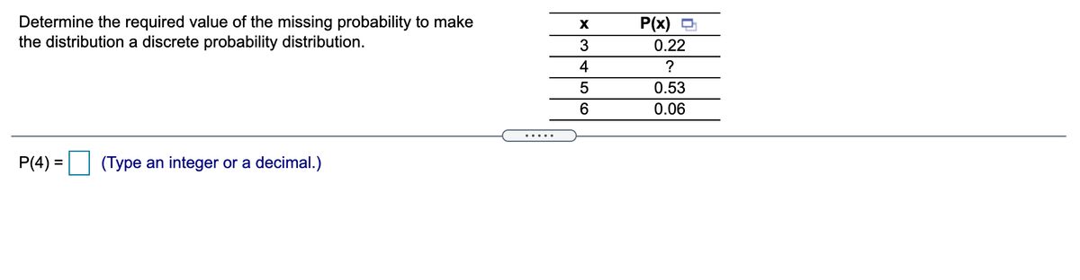 Determine the required value of the missing probability to make
the distribution a discrete probability distribution.
X
P(x) -
3
0.22
4
?
0.53
6.
0.06
.....
P(4) =
(Type an integer or a decimal.)
