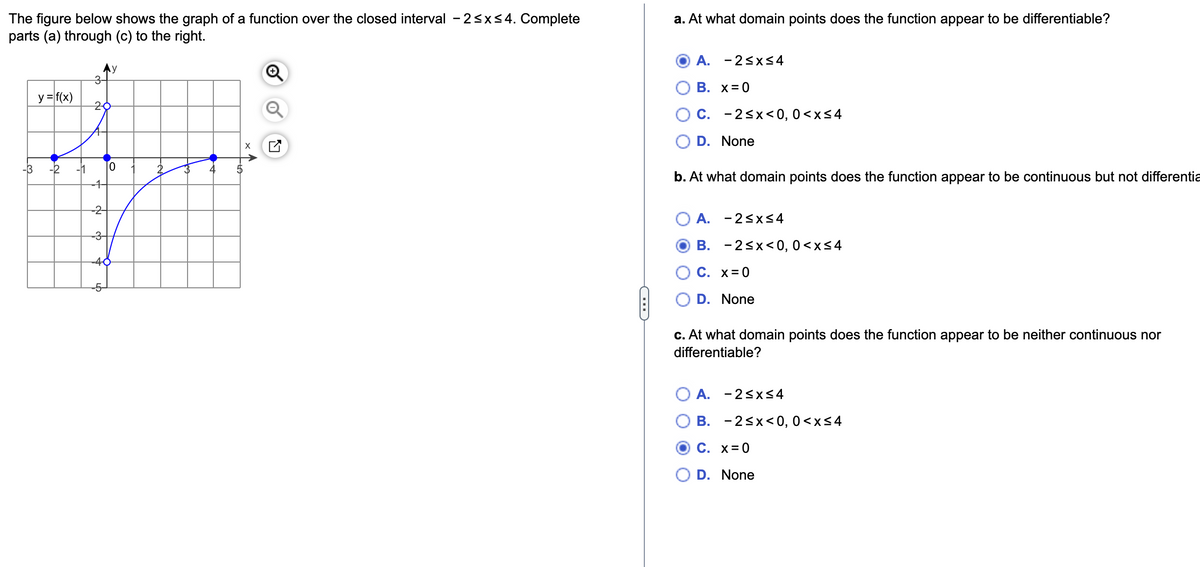 The figure below shows the graph of a function over the closed interval - 2≤x≤4. Complete
parts (a) through (c) to the right.
y = f(x)
-1
y
3-
20
-4-
10
-2-
--3-
-48
2
5
X
a. At what domain points does the function appear to be differentiable?
A. -2≤x≤4
B. X=0
C. -2<x<0, 0<x≤4
D. None
b. At what domain points does the function appear to be continuous but not differentia
A.
-2≤x≤4
B. -2<x<0, 0<x≤4
C. X=0
D. None
c. At what domain points does the function appear to be neither continuous nor
differentiable?
A. -2≤x≤4
B. -2<x<0, 0<x≤4
C. X=0
D. None