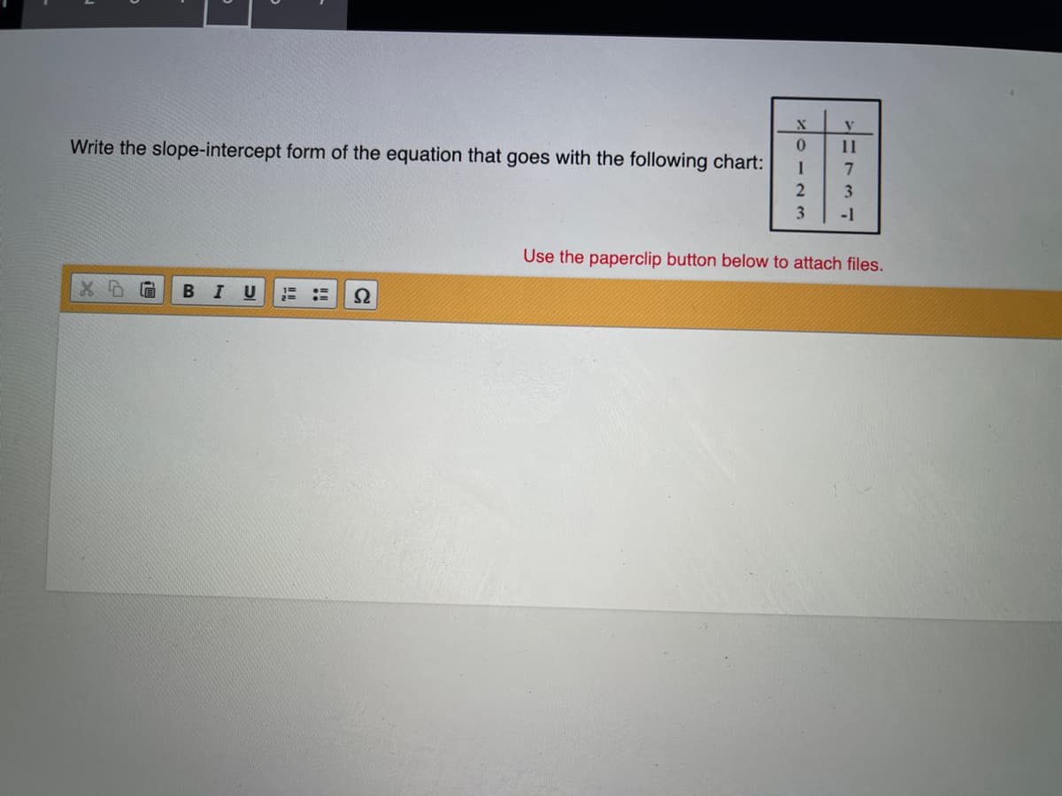 0.
Write the slope-intercept form of the equation that goes with the following chart:
11
-1
Use the paperclip button below to attach files.
В I U
