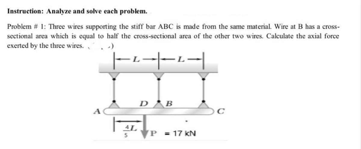 Instruction: Analyze and solve each problem.
Problem # 1: Three wires supporting the stiff bar ABC is made from the same material. Wire at B has a cross-
sectional area which is equal to half the cross-sectional area of the other two wires. Calculate the axial force
exerted by the three wires. . -)
D B
C
4L
P.
= 17 kN
