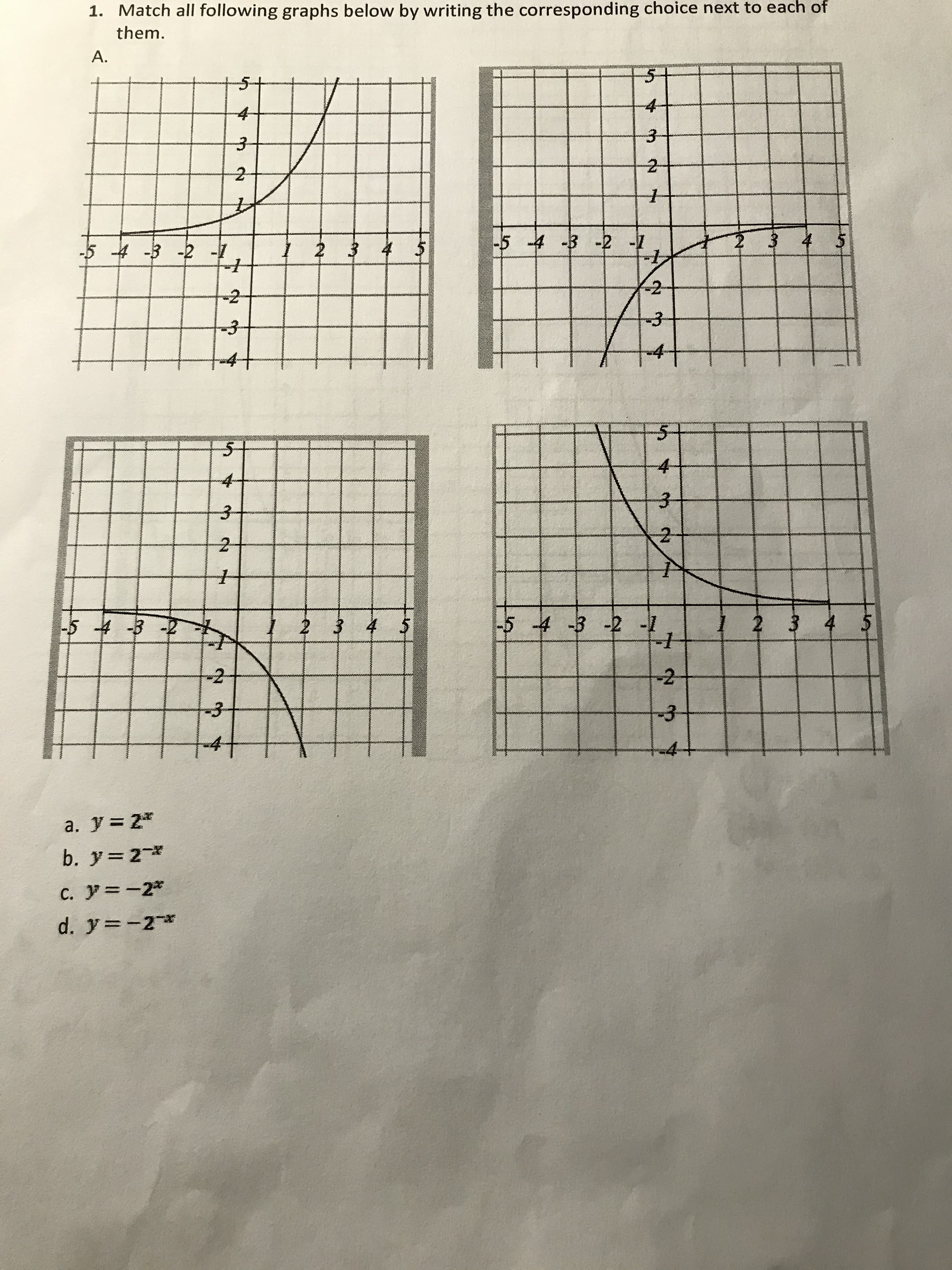 1. Match all following graphs below by writing the corresponding choice next to each of
them.
A.
4-
5 4 3 -2
-4
4 -3 -2
-2
-2
1 2 3 4 5
-5 4 -3 -2 -1
2 3 4 5
-5 43-
-2
a. y= 2*
b. y= 2*
C. y=-2*
d. y=-2*
