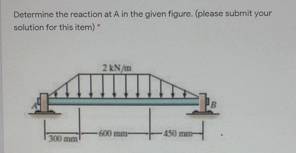 Determine the reaction at A in the given figure. (please submit your
solution for this item) *
2 kN/m
600mm-
450 mm
300 mm
