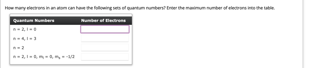 How many electrons in an atom can have the following sets of quantum numbers? Enter the maximum number of electrons into the table.
Quantum Numbers
n = 2, 1 = 0
n = 4,1 = 3
n = 2
n = 2, 1 = 0, m₁ 0, ms = -1/2
Number of Electrons