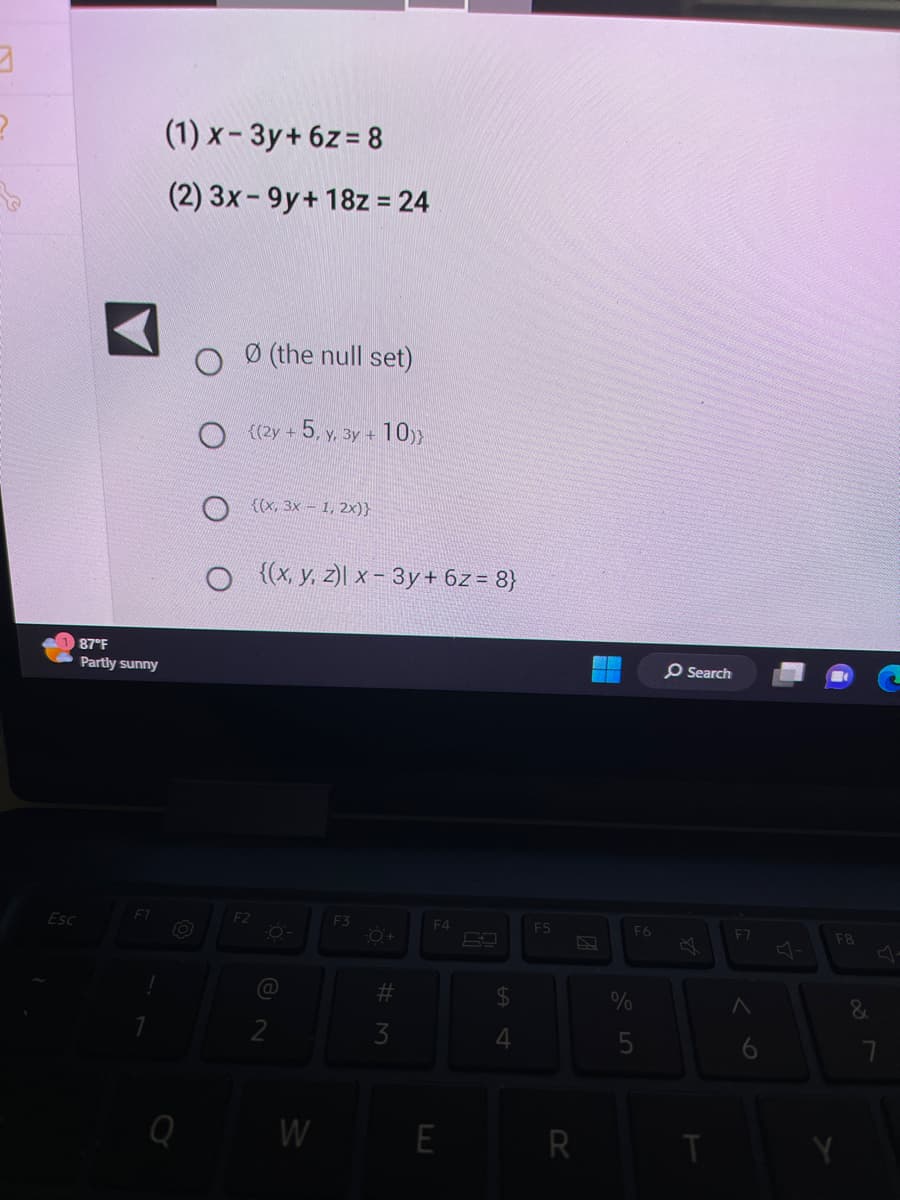 ## System of Linear Equations

In this activity, we will analyze a system of linear equations and identify the correct solution set.

### Given Equations

1. \( x - 3y + 6z = 8 \)
2. \( 3x - 9y + 18z = 24 \)

### Solution Set Options

Consider the following solution set options and select the correct one.

1. \( \varnothing \) (the null set)
2. \( \{\{2y + 5, y, 3y + 10\}\} \)
3. \( \{\{x, 3x - 1, 2x\}\} \)
4. \( \{(x, y, z)| x - 3y + 6z = 8 \}\)

### Explanation:

- Option 1 (\( \varnothing \)): Indicates that there are no solutions.
- Option 2 (\( \{\{2y + 5, y, 3y + 10\}\} \)): Represents a parametric solution where \( y \) is the free variable.
- Option 3 (\( \{\{x, 3x - 1, 2x\}\} \)): Also represents a parametric solution where \( x \) is the free variable.
- Option 4 (\( \{(x, y, z)| x - 3y + 6z = 8 \}\)): Defines the solution set as consistent with the first equation.

### Instruction:

Please analyze the given system of equations and use your understanding of linear algebra to determine the correct solution. 

---

Posted temperature: 87°F, partly sunny.

For any further explanations or queries, feel free to reach out.