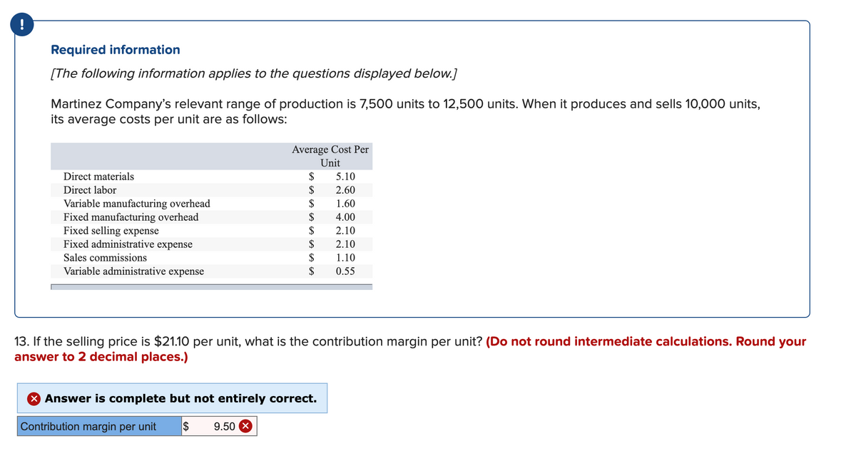 Required information
[The following information applies to the questions displayed below.]
Martinez Company's relevant range of production is 7,500 units to 12,500 units. When it produces and sells 10,000 units,
its average costs per unit are as follows:
Average Cost Per
Unit
Direct materials
$
5.10
$
$
Direct labor
2.60
Variable manufacturing overhead
Fixed manufacturing overhead
Fixed selling expense
Fixed administrative expense
1.60
$
4.00
$
2.10
$
2.10
Sales commissions
$
1.10
Variable administrative expense
$
0.55
13. If the selling price is $21.10 per unit, what is the contribution margin per unit? (Do not round intermediate calculations. Round your
answer to 2 decimal places.)
X Answer is complete but not entirely correct.
Contribution margin per unit
$
9.50
