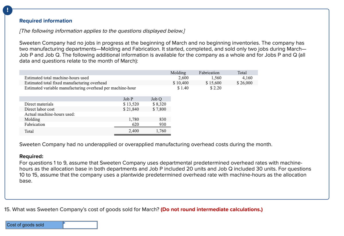 Required information
[The following information applies to the questions displayed below.]
Sweeten Company had no jobs in progress at the beginning of March and no beginning inventories. The company has
two manufacturing departments-Molding and Fabrication. It started, completed, and sold only two jobs during March-
Job P and Job Q. The following additional information is available for the company as a whole and for Jobs P and Q (all
data and questions relate to the month of March):
Molding
2,600
$ 10,400
$ 1.40
Fabrication
Total
1,560
$ 15,600
$ 2.20
Estimated total machine-hours used
4,160
$ 26,000
Estimated total fixed manufacturing overhead
Estimated variable manufacturing overhead per machine-hour
Job Q
$ 8,320
$ 7,800
Job P
$ 13,520
$ 21,840
Direct materials
Direct labor cost
Actual machine-hours used:
Molding
Fabrication
1,780
830
930
620
Total
2,400
1,760
Sweeten Company had no underapplied or overapplied manufacturing overhead costs during the month.
Required:
For questions 1 to 9, assume that Sweeten Company uses departmental predetermined overhead rates with machine-
hours as the allocation base in both departments and Job P included 20 units and Job Q included 30 units. For questions
10 to 15, assume that the company uses a plantwide predetermined overhead rate with machine-hours as the allocation
base.
15. What was Sweeten Company's cost of goods sold for March? (Do not round intermediate calculations.)
Cost of goods sold
