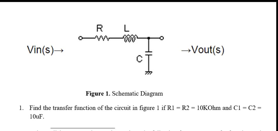 Vin(s)→
R
L
mora
→Vout(s)
Figure 1. Schematic Diagram
=
1. Find the transfer function of the circuit in figure 1 if R1 = R2 = 10KOhm and C1 = C2
10uF.