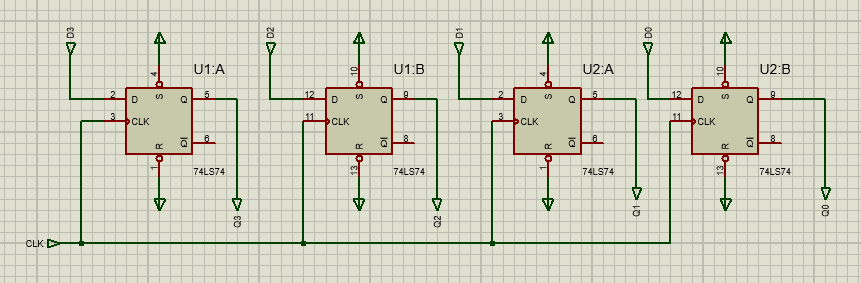 CLK
D3
7
3
4
4
D
CLK
sp
#
Đ
U1:A
5
하요
74LS74
Q3
D2
7
12
D
CLK
A
의 U1:B
130 R
Đ
10
74LS74
V
Q2
D1
2
3
D
CLK
„
S
R
✔
4
Q
10
U2:A
Co
74LS74
00 C
Q1 <
7
8
V
12
D
4
10
CLK
S
150R
U2:B
9
ā8
74LS74
00
8