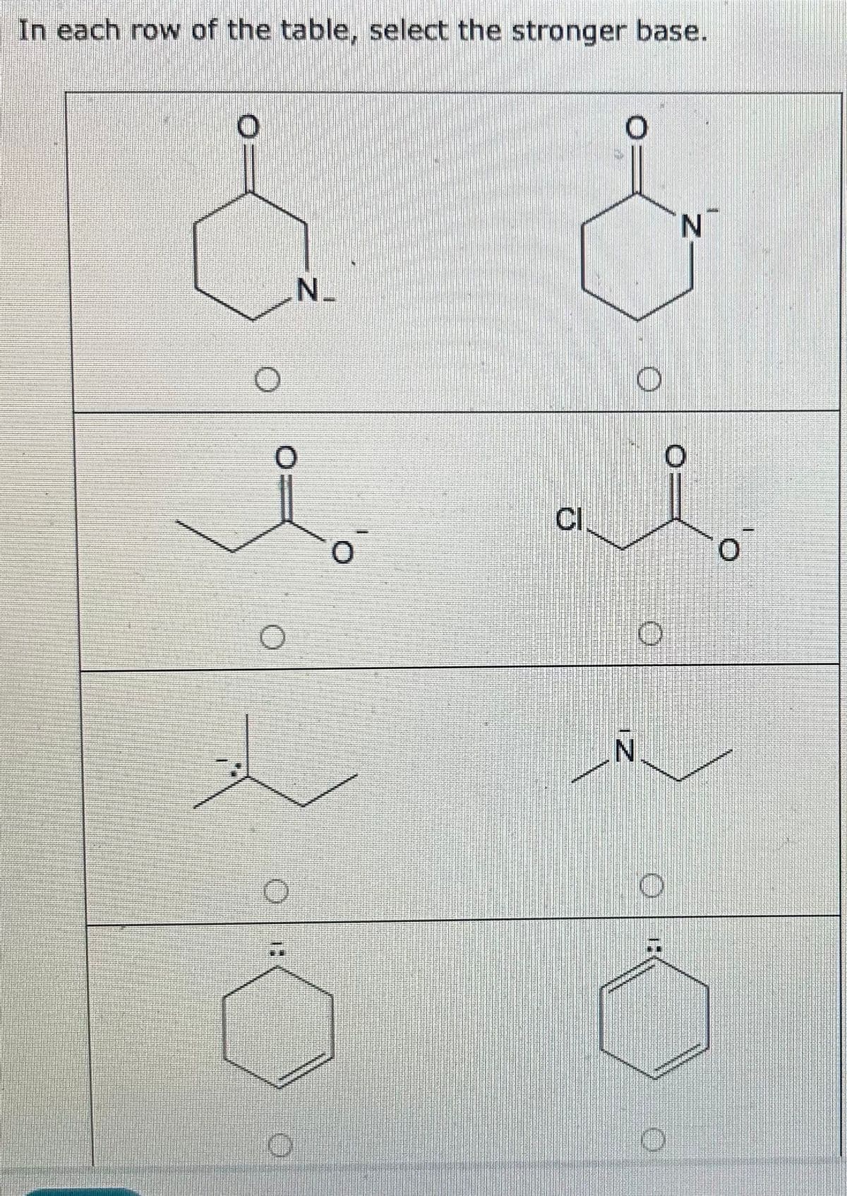 In each row of the table, select the stronger base.
& ¿
N_
N
i
0
ai
Cl
N