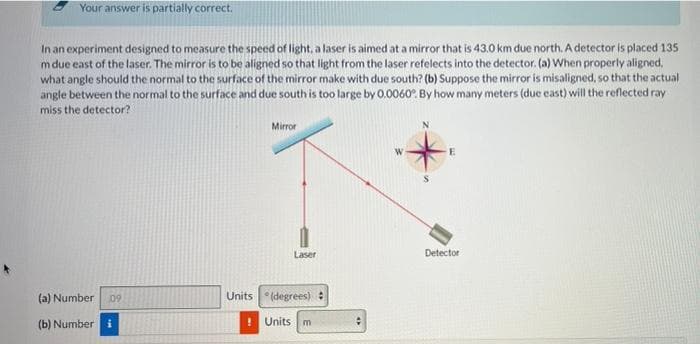 Your answer is partially correct.
In an experiment designed to measure the speed of light, a laser is aimed at a mirror that is 43.0 km due north. A detector is placed 135
mdue east of the laser. The mirror is to be aligned so that light from the laser refelects into the detector. (a) When properly aligned,
what angle should the normal to the surface of the mirror make with due south? (b) Suppose the mirror is misaligned, so that the actual
angle between the normal to the surface and due south is too large by 0.0060. By how many meters (due east) will the reflected ray
miss the detector?
Mirror
Laser
Detector
(a) Number
09
Units (degrees):
(b) Number i
Units m
