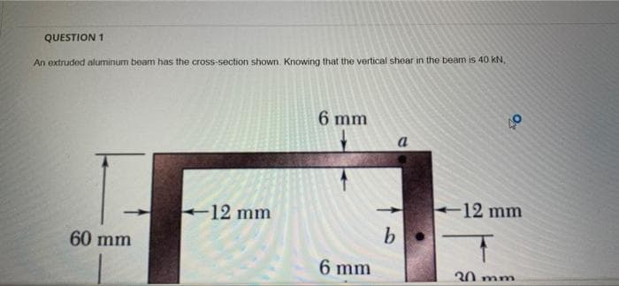 QUESTION 1
An extruded aluminum beam has the crosS-section shown. Knowing that the vertical shear in the beam is 40 kN,
6 mm
a
12 mm
-12 mm
60 mm
6 mm
30 mm
