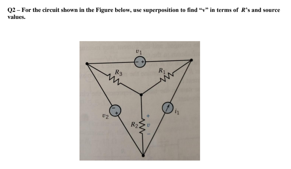 Q2 – For the circuit shown in the Figure below, use superposition to find “v" in terms of R's and source
values.
R1
R3
U2
R2.
