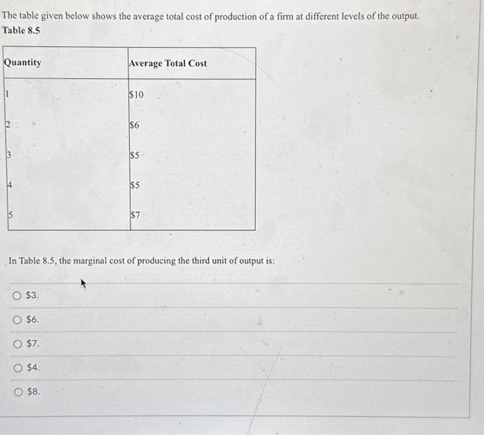 The table given below shows the average total cost of production of a firm at different levels of the output.
Table 8.5
Quantity
O $3.
Average Total Cost
O $6.
O $7.
$4.
$8.
$10
$6
$5
$5
In Table 8.5, the marginal cost of producing the third unit of output is:
$7