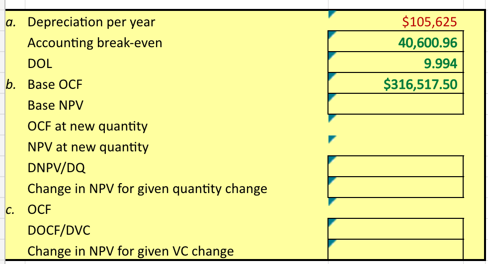 a. Depreciation per year
Accounting break-even
DOL
b. Base OCF
Base NPV
OCF at new quantity
NPV at new quantity
DNPV/DQ
Change in NPV for given quantity change
C. OCF
DOCF/DVC
Change in NPV for given VC change
$105,625
40,600.96
9.994
$316,517.50
I