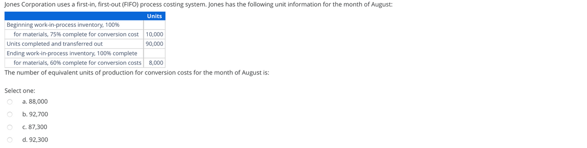 Jones Corporation uses a first-in, first-out (FIFO) process costing system. Jones has the following unit information for the month of August:
Units
Beginning work-in-process inventory, 100%
for materials, 75% complete for conversion cost
Units completed and transferred out
Ending work-in-process inventory, 100% complete
for materials, 60% complete for conversion costs
8,000
The number of equivalent units of production for conversion costs for the month of August is:
Select one:
10,000
90,000
a. 88,000
b. 92,700
c. 87,300
d. 92,300