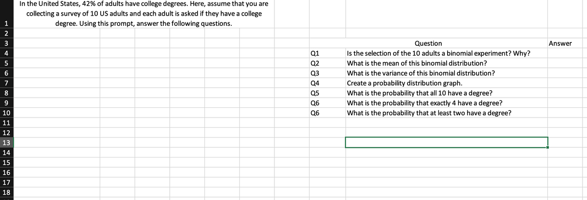 1
WNT
2
3
4
LO
5
6
7
8
&HEADHGEE
9
10
11
12
13
14
15
16
17
18
In the United States, 42% of adults have college degrees. Here, assume that you are
collecting a survey of 10 US adults and each adult is asked if they have a college
degree. Using this prompt, answer the following questions.
Q1
Q2
Q3
Q4
Q5
Q6
Q6
Question
Is the selection of the 10 adults a binomial experiment? Why?
What is the mean of this binomial distribution?
What is the variance of this binomial distribution?
Create a probability distribution graph.
What is the probability that all 10 have a degree?
What is the probability that exactly 4 have a degree?
What is the probability that at least two have a degree?
Answer