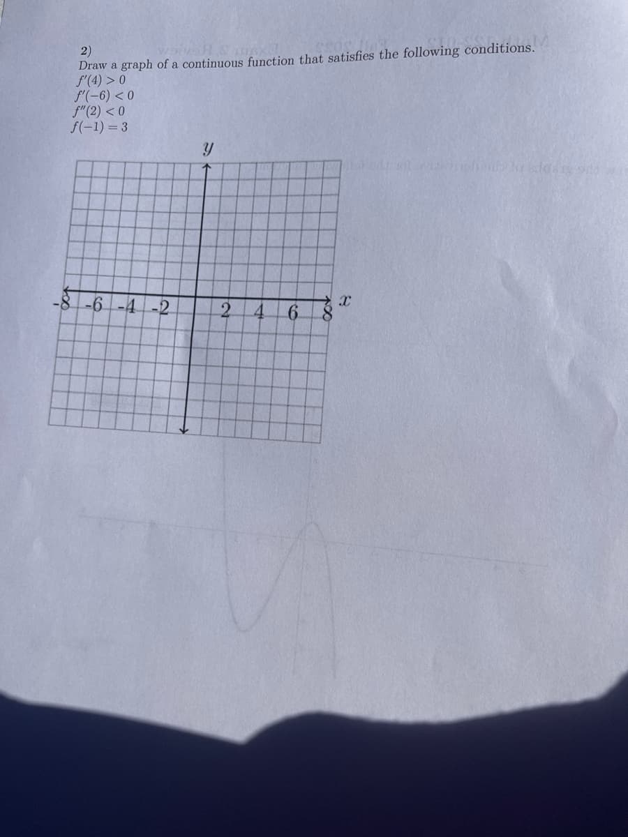 2)
Draw a graph of a continuous function that satisfies the following conditions.
f'(4) > 0
f'(-6) < 0
f"(2) < 0
f(-1)=3
-6-4-2
Y
2
6 8
HESH
8