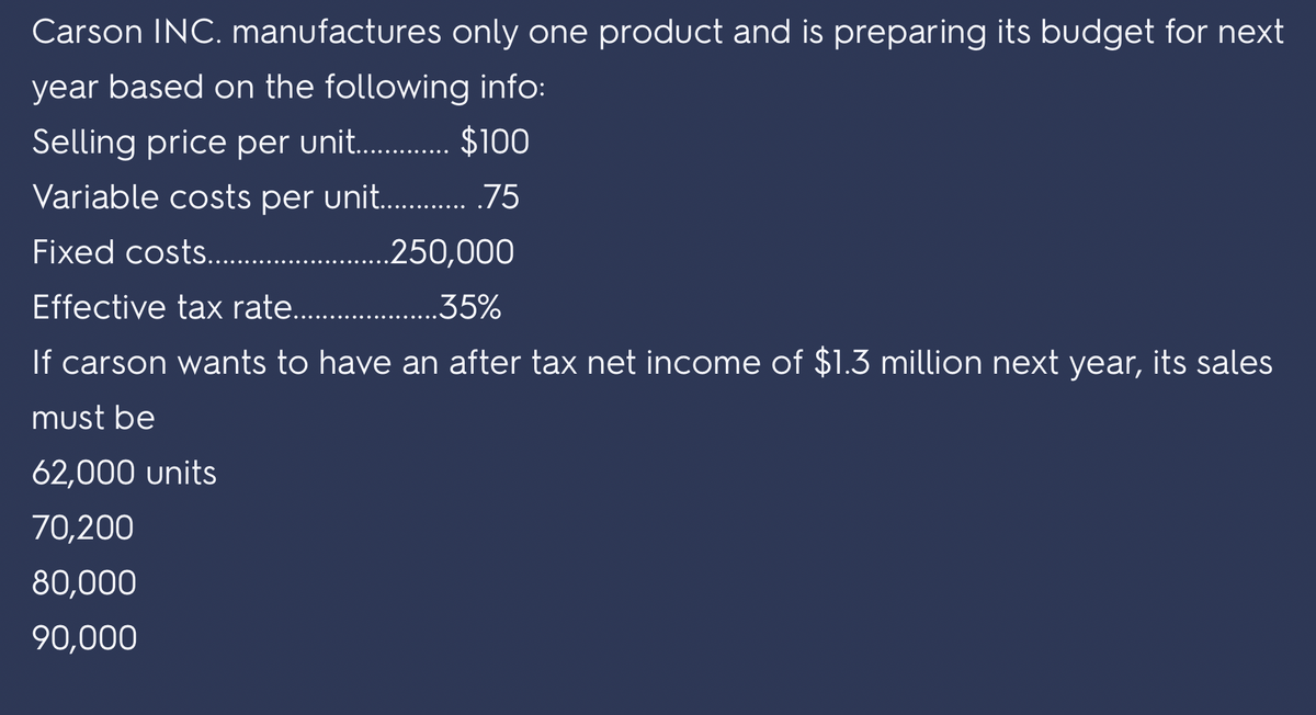 Carson INC. manufactures only one product and is preparing its budget for next
year based on the following info:
Selling price per unit.…..............$100
Variable costs per unit............. .75
Fixed costs...........
250,000
Effective tax rate.….............
..35%
If carson wants to have an after tax net income of $1.3 million next year, its sales
must be
62,000 units
70,200
80,000
90,000