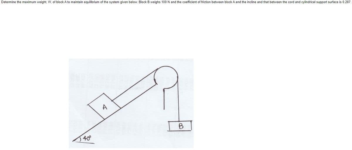 Determine the maximum weight, W, of block A to maintain equilibrium of the system given below. Block B weighs 100 N and the coefficient of friction between block A and the incline and that between the cord and cylindrical support surface is 0.287.
B
