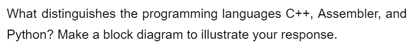 What distinguishes the programming languages C++, Assembler, and
Python? Make a block diagram to illustrate your response.