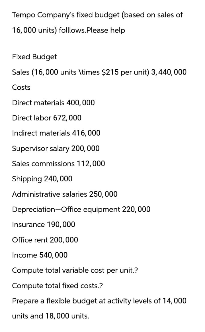 Tempo Company's fixed budget (based on sales of
16,000 units) folllows. Please help
Fixed Budget
Sales (16,000 units \times $215 per unit) 3,440,000
Costs
Direct materials 400,000
Direct labor 672,000
Indirect materials 416,000
Supervisor salary 200,000
Sales commissions 112,000
Shipping 240,000
Administrative salaries 250,000
Depreciation-Office equipment 220,000
Insurance 190,000
Office rent 200,000
Income 540,000
Compute total variable cost per unit.?
Compute total fixed costs.?
Prepare a flexible budget at activity levels of 14,000
units and 18,000 units.