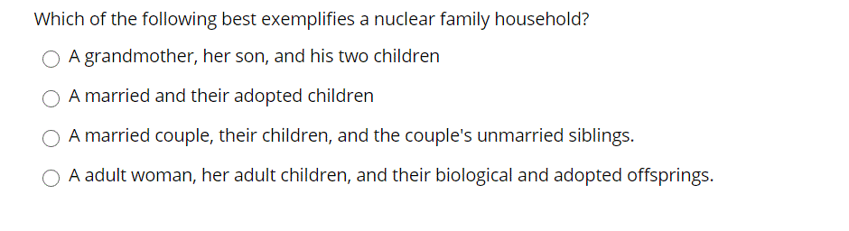 Which of the following best exemplifies a nuclear family household?
A grandmother, her son, and his two children
A married and their adopted children
A married couple, their children, and the couple's unmarried siblings.
A adult woman, her adult children, and their biological and adopted offsprings.
