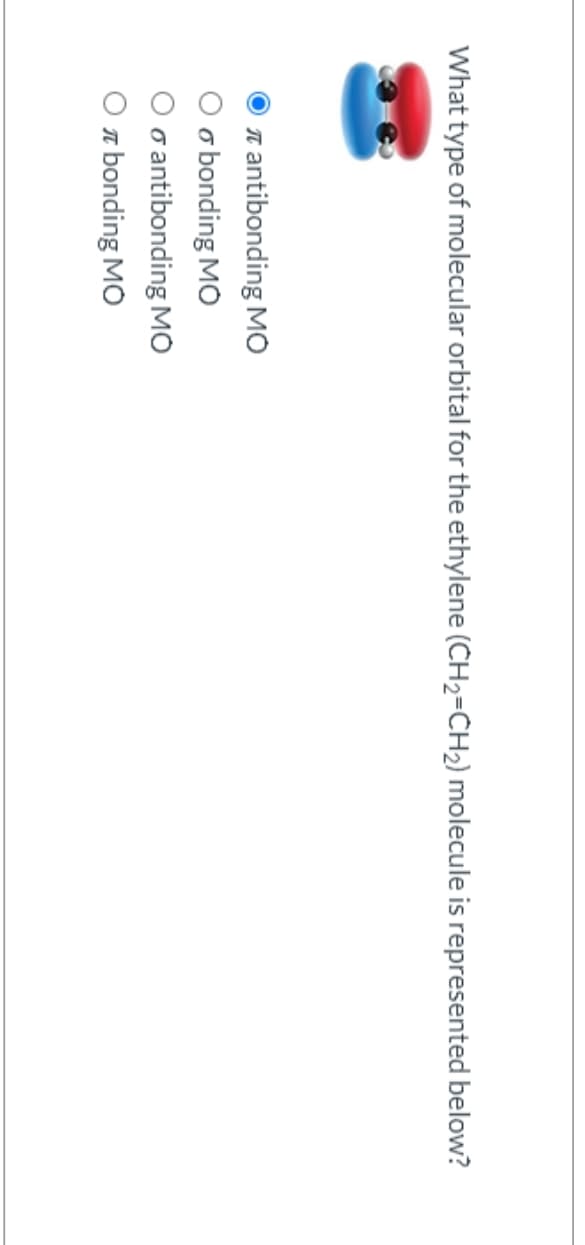 What type of molecular orbital for the ethylene (CH₂=CH₂) molecule is represented below?
antibonding MO
o bonding MO
o antibonding MO
O bonding MO