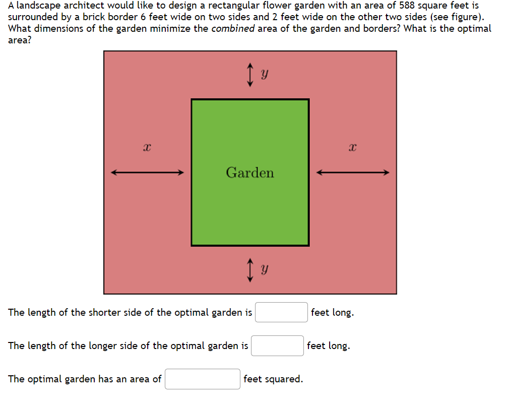 A landscape architect would like to design a rectangular flower garden with an area of 588 square feet is
surrounded by a brick border 6 feet wide on two sides and 2 feet wide on the other two sides (see figure).
What dimensions of the garden minimize the combined area of the garden and borders? What is the optimal
area?
↑ y
X
Garden
↑ y
The length of the shorter side of the optimal garden is
The optimal garden has an area of
The length of the longer side of the optimal garden is
feet squared.
X
feet long.
feet long.