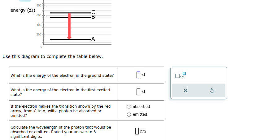 energy (zJ)
800
600
400
200
0
I
Um
-A
Use this diagram to complete the table below.
What is the energy of the electron in the ground state?
What is the energy of the electron in the first excited
state?
If the electron makes the transition shown by the red
arrow, from C to A, will a photon be absorbed or
emitted?
Calculate the wavelength of the photon that would be
absorbed or emitted. Round your answer to 3
significant digits.
ZJ
ZJ
absorbed
emitted
nm
x10
X
5