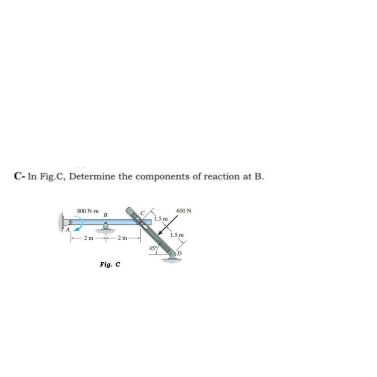 C- In Fig.C, Determine the components of reaction at B.
800 N-m
600 N
1.5 m
1.5 m
2 m
2 m
45
Fig. C
