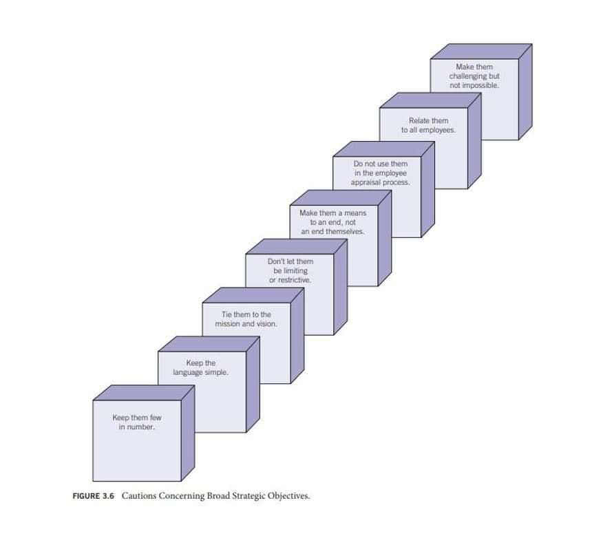 Make them
chailenging but
not impossible.
Relate them
to all employees.
Do not use them
in the employee
appraisal process.
Make them a means
to an end, not
an end themselves.
Don't let them
be limiting
or restrictive.
Tie them to the
mission and vision.
Keep the
language simple.
Keep them few
in number.
FIGURE 3.6 Cautions Concerning Broad Strategic Objectives.
