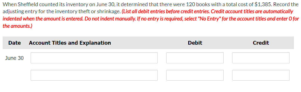 When Sheffield counted its inventory on June 30, it determined that there were 120 books with a total cost of $1,385. Record the
adjusting entry for the inventory theft or shrinkage. (List all debit entries before credit entries. Credit account titles are automatically
indented when the amount is entered. Do not indent manually. If no entry is required, select "No Entry" for the account titles and enter O for
the amounts.)
Date
Account Titles and Explanation
Debit
Credit
June 30
