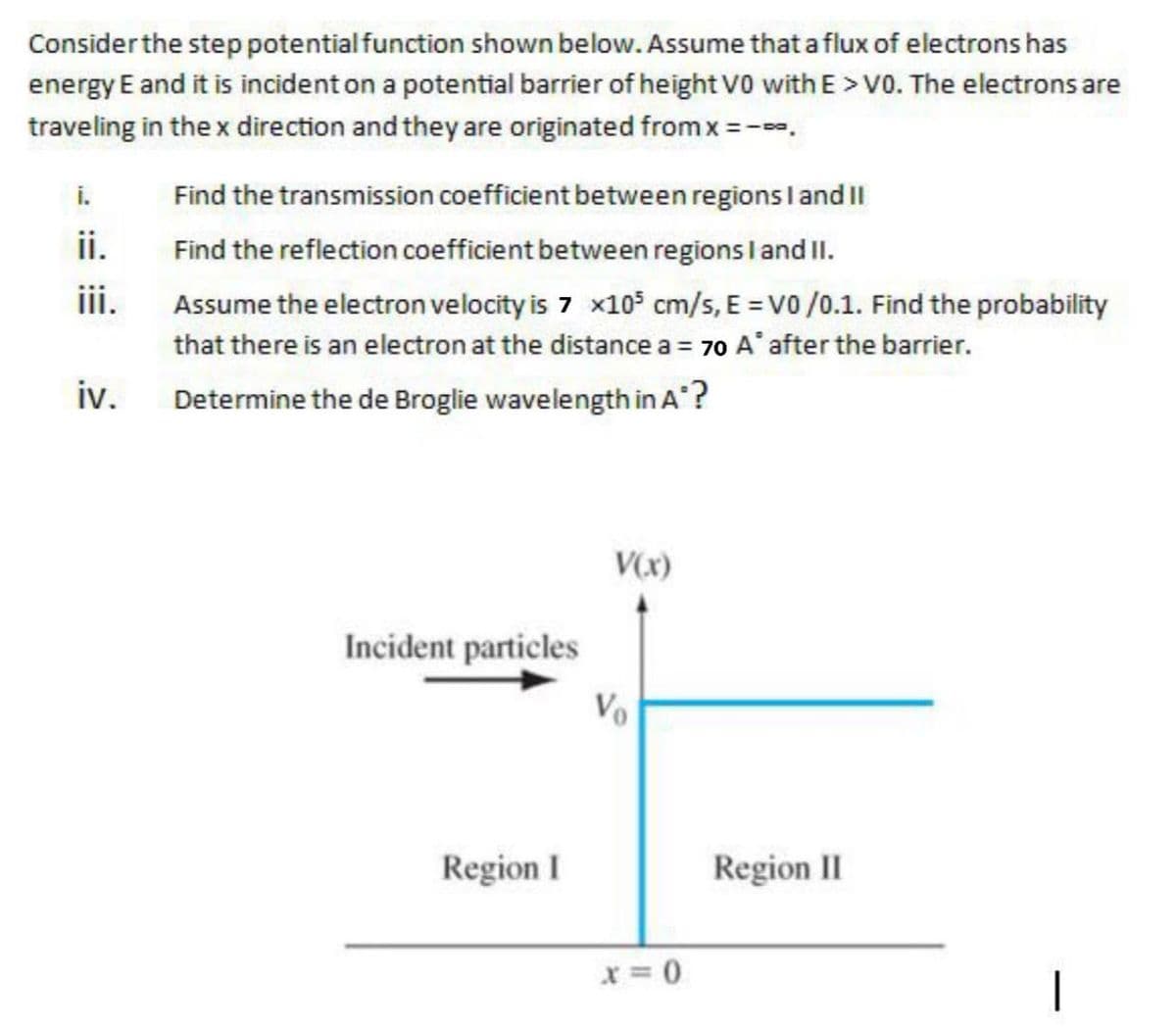 Consider the step potential function shown below. Assume that a flux of electrons has
energy E and it is incident on a potential barrier of height V0 with E > V0. The electrons are
traveling in the x direction and they are originated from x = --,
i.
Find the transmission coefficient between regions l and II
ii.
Find the reflection coefficient between regions l and II.
ii.
Assume the electron velocity is 7 x105 cm/s, E = V0 /0.1. Find the probability
that there is an electron at the distance a = 70 A* after the barrier.
iv.
Determine the de Broglie wavelength in A?
V(x)
Incident particles
Region I
Region II
x = 0
