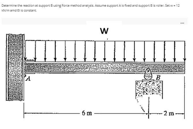 Determine the reaction at support B using Force method analysis. Assume support A is fixed and support B is roller. Set w = 12
kN/m amd El is constant.
...
W
6 m
B
-2 m