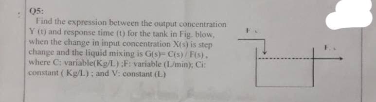Q5:
Find the expression between the output concentration
Y (t) and response time (t) for the tank in Fig. blow,
when the change in input concentration X(s) is step
change and the liquid mixing is G(s)= C(s)/F(s).
where C: variable(Kg/L) ;F: variable (l/min): Ci:
constant (Kg/L); and V: constant (L)