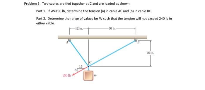 Problem 5. Two cables are tied together at C and are loaded as shown.
Part 1. If W=190 lb, determine the tension (a) in cable AC and (b) in cable BC.
Part 2. Determine the range of values for W such that the tension will not exceed 240 lb in
either cable.
150 lb
-12 in.
15
W
30 in
16 in.