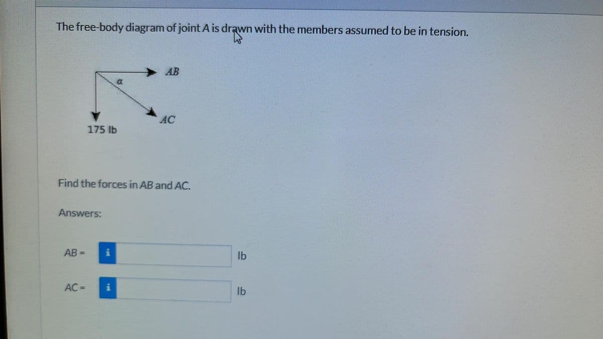 The free-body diagram of joint A is drawn with the members assumed to be in tension.
Answers:
AB=
a
175 lb
AC=
Find the forces in AB and AC.
AB
AC
lb
lb