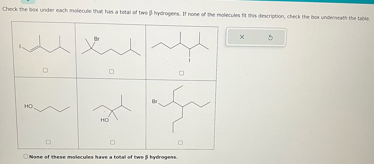 Check the box under each molecule that has a total of two ß hydrogens. If none of the molecules fit this description, check the box underneath the table.
HO.
Br
HO
Br
y
None of these molecules have a total of two ẞ hydrogens.
X