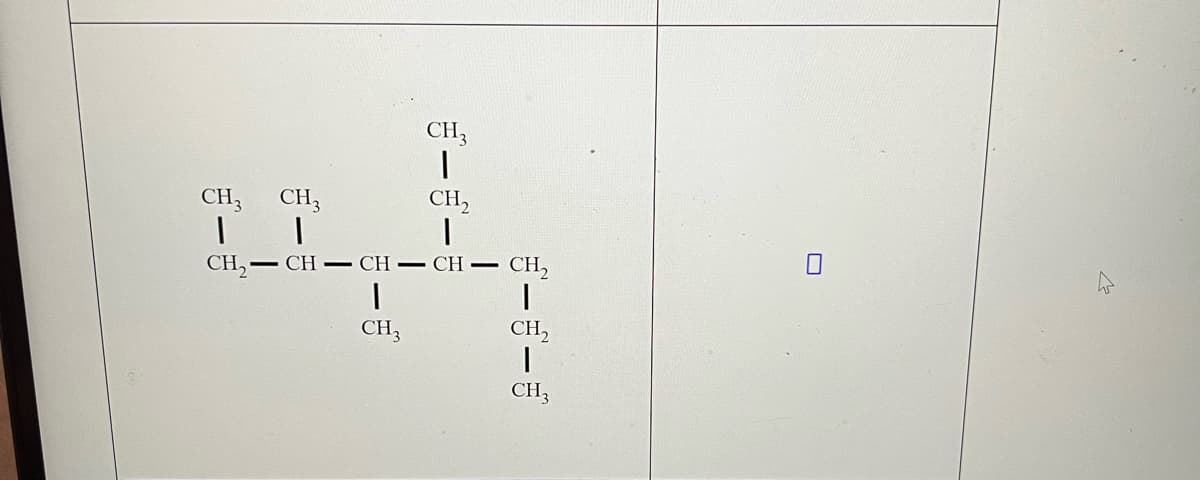 Welcome to our Educational Resource!

### Organic Chemistry: Structural Formula of a Hydrocarbon

#### Structural Formula of 2,3,4-Trimethylpentane

Below is the structural formula of the hydrocarbon known as 2,3,4-Trimethylpentane. This molecule is an example of an alkane, which consists only of carbon (C) and hydrogen (H) atoms connected by single bonds.

![Structural Formula]
```
             CH3
              |
CH3—CH2—CH—CH—CH2
        |        |       |
      CH3  CH2  CH3
                   |
                   CH3
```

#### Explanation of the Structure:
- The backbone of the molecule consists of five carbon atoms, forming a pentane chain (hence the pentane part of the name).
- Attached to the backbone are three methyl groups (–CH3) located at positions 2, 3, and 4 on the chain, indicating the molecule is trimethyl-substituted.
- The carbon atoms are bonded with hydrogen atoms to complete their valence shells.

This compound is notable in fuel applications due to its high octane number. The detailed structure helps in understanding how different substituent positions affect the properties and reactivity of the molecule.

We hope this clear visual representation aids in your study of organic chemistry!