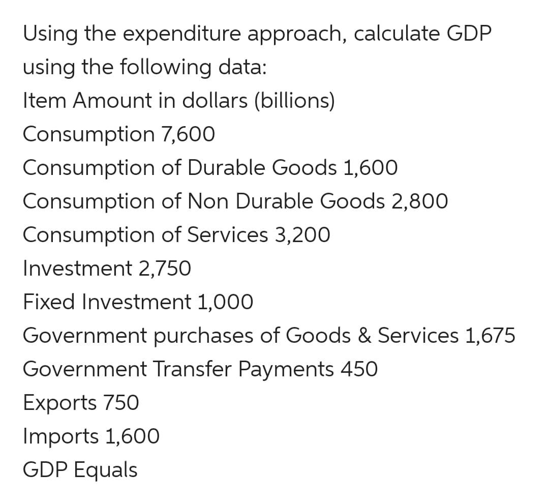 Using the expenditure approach, calculate GDP
using the following data:
Item Amount in dollars (billions)
Consumption 7,600
Consumption of Durable Goods 1,600
Consumption of Non Durable Goods 2,800
Consumption of Services 3,200
Investment 2,750
Fixed Investment 1,000
Government purchases of Goods & Services 1,675
Government Transfer Payments 450
Exports 750
Imports 1,600
GDP Equals
