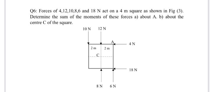 Q6: Forces of 4,12,10,8,6 and 18 N act on a 4 m square as shown in Fig (3).
Determine the sum of the moments of these forces a) about A. b) about the
centre C of the square.
10 N
12 N
4 N
2 m
2 m
.C.
18 N
8 N
6 N
