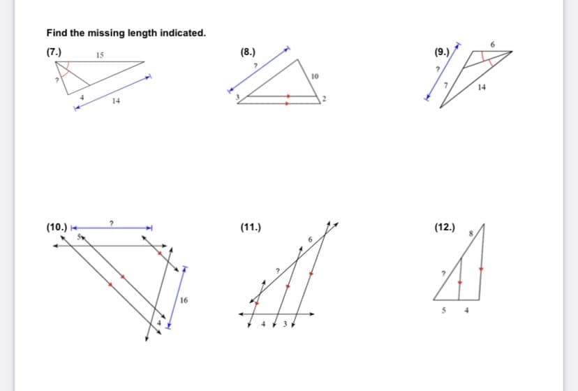 Find the missing length indicated.
(7.)
(10.)
SK
15
14
?
16
(8.)
(11.)
10
(9.)
?
(12.)
1