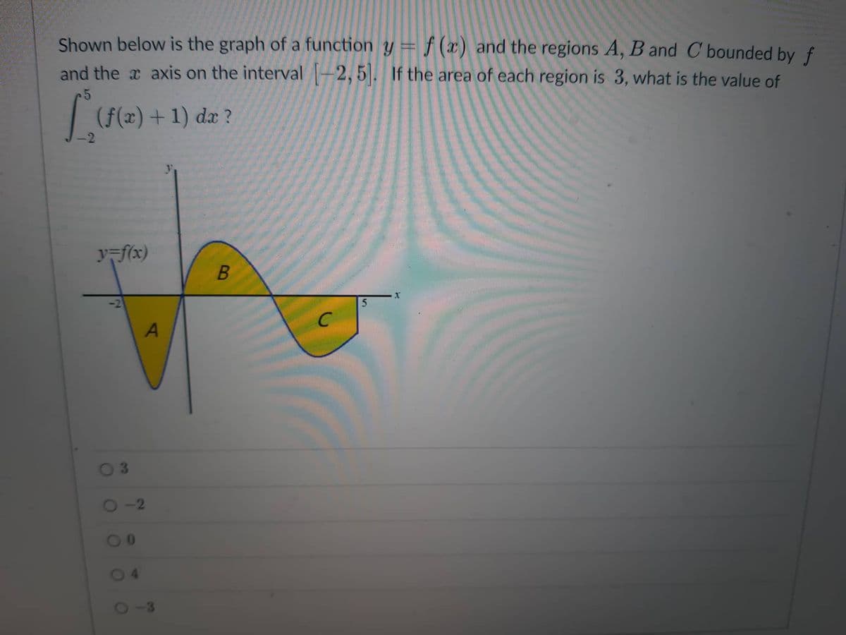 Shown below is the graph of a function y = f(x) and the regions A, B and C bounded by f
and the axis on the interval [-2,5]. If the area of each region is 3, what is the value of
5
f(x) + 1) dx?
y=f(x)
O
A
-2
B
C
5
X