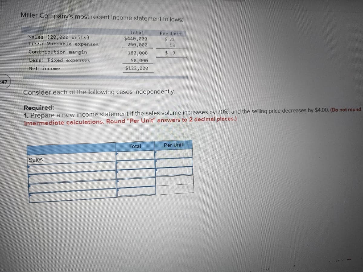 :47
Miller Company's most recent income statement follows:
Total
Per Unit
Sales (20,000 units)
Less: Variable expenses
$440,000
$22
260,000
13
Contribution margin
180,000
$9
Less: Fixed expenses
58,000
Net income
$122,000
Consider each of the following cases independently.
Required:
1. Prepare a new income statement if the sales volume increases by 20%, and the selling price decreases by $4.00. (Do not round
intermediate calculations. Round "Per Unit" answers to 2 decimal places.)
Total
Per Unit
Sales