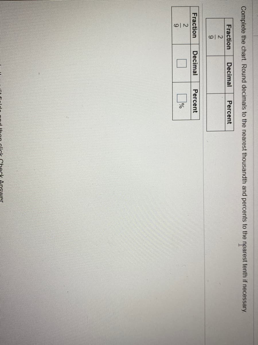 Complete the chart. Round decimals to the nearest thousandth and percents to the nearest tenth if necessary.
Fraction
Decimal
Percent
2
6.
Fraction
Decimal
Percent
2
D%
Answer
