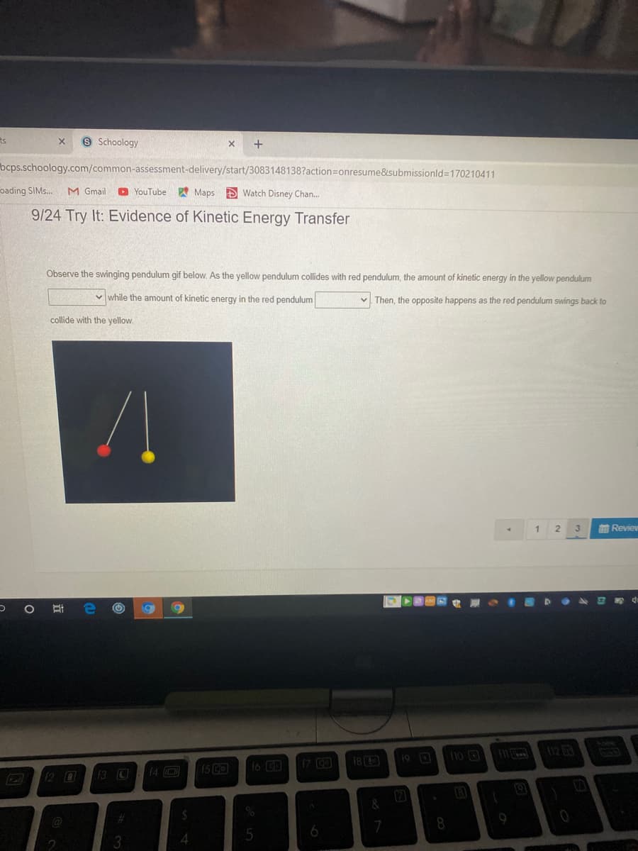 Observe the swinging pendulum gif below. As the yellow pendulum collides with red pendulum, the amount of kinetic energy in the yellow pendulum
v while the amount of kinetic energy in the red pendulum
v Then, the opposite happens as the red pendulum swings back to
collide with the yellow.
2.
