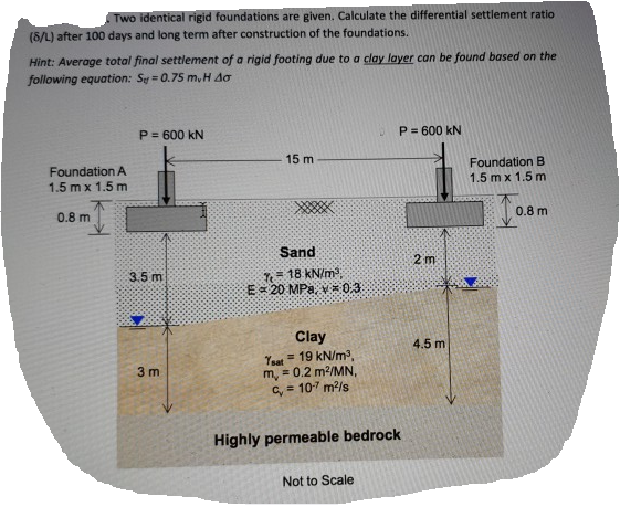 Two identical rigid foundations are given. Calculate the differential settlement ratio
(8/L) after 100 days and long term after construction of the foundations.
Hint: Average total final settlement of a rigid footing due to a clay layer can be found based on the
following equation: Sy = 0.75 m, H dơ
P = 600 kN
P = 600 kN
15 m
Foundation B
1.5 m x 1.5 m
Foundation A
1.5 mx 1.5 m
0.8 m
0.8 m
Sand
2 m
3.5 m
= 18 kN/m
E 20 MPa, v * 0.3
Clay
4.5 m
Yeat = 19 kN/m2,
m, = 0.2 m2/MN,
C, = 107 m/s
3 m
Highly permeable bedrock
Not to Scale
