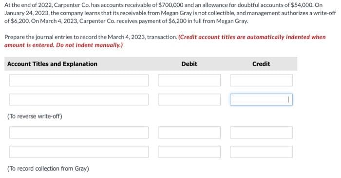 At the end of 2022, Carpenter Co. has accounts receivable of $700,000 and an allowance for doubtful accounts of $54,000. On
January 24, 2023, the company learns that its receivable from Megan Gray is not collectible, and management authorizes a write-off
of $6,200. On March 4, 2023, Carpenter Co. receives payment of $6,200 in full from Megan Gray.
Prepare the journal entries to record the March 4, 2023, transaction. (Credit account titles are automatically indented when
amount is entered. Do not indent manually.)
Account Titles and Explanation
(To reverse write-off)
(To record collection from Gray)
Debit
Credit
10