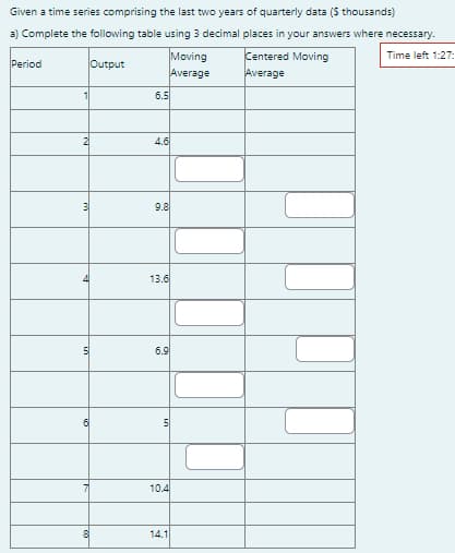 Given a time series comprising the last two years of quarterly data ($ thousands)
a) Complete the following table using 3 decimal places in your answers where necessary.
Time left 1:27:
Period
1
2
3
4
5
Output
6
8
6.5
4.6
9.8
13.6
6.9
Moving
Average
5
10.4
14.1
Centered Moving
Average